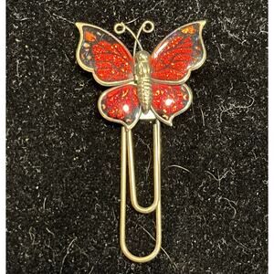 Vtg Red Yellow Glitter Enamel Gold Tone Butterfly Paper Clip Bookmark Monarch